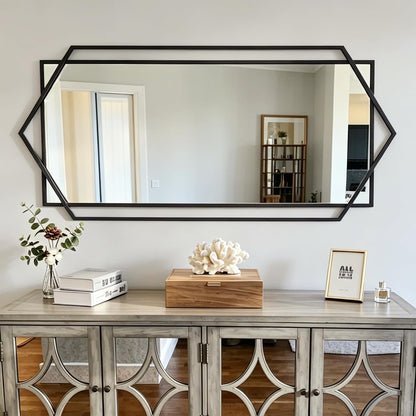 24"x47" Large Wall Mirror for Decor, Living Room Decoraive Wall Mirror with Metal Frame, Unique Black Bathroom Mirror Vertical or Horizontal Hanging