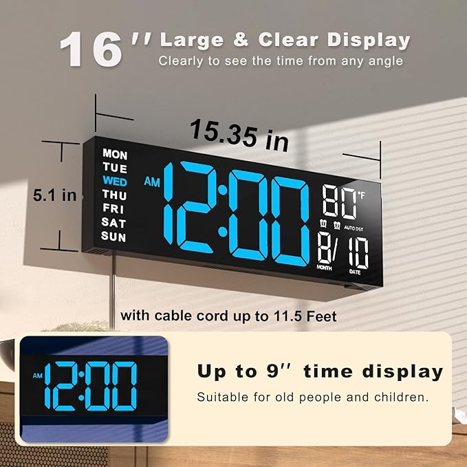 JALL 16" Large Digital Wall Mount Clock, Count Down Timer, Big LED, RGB Color - Image 2