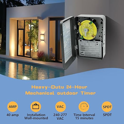 T104 Electromechanical Timer Switch, 208-277 VAC 5HP 40A DPST Pool Timers - Image 3