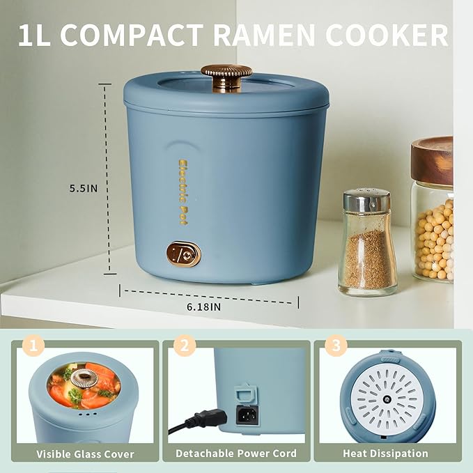Hot Pot Electric, 1L Mini Ramen Cooker, 450W Rapid Noodles Cooker, Portable Pots - Image 6