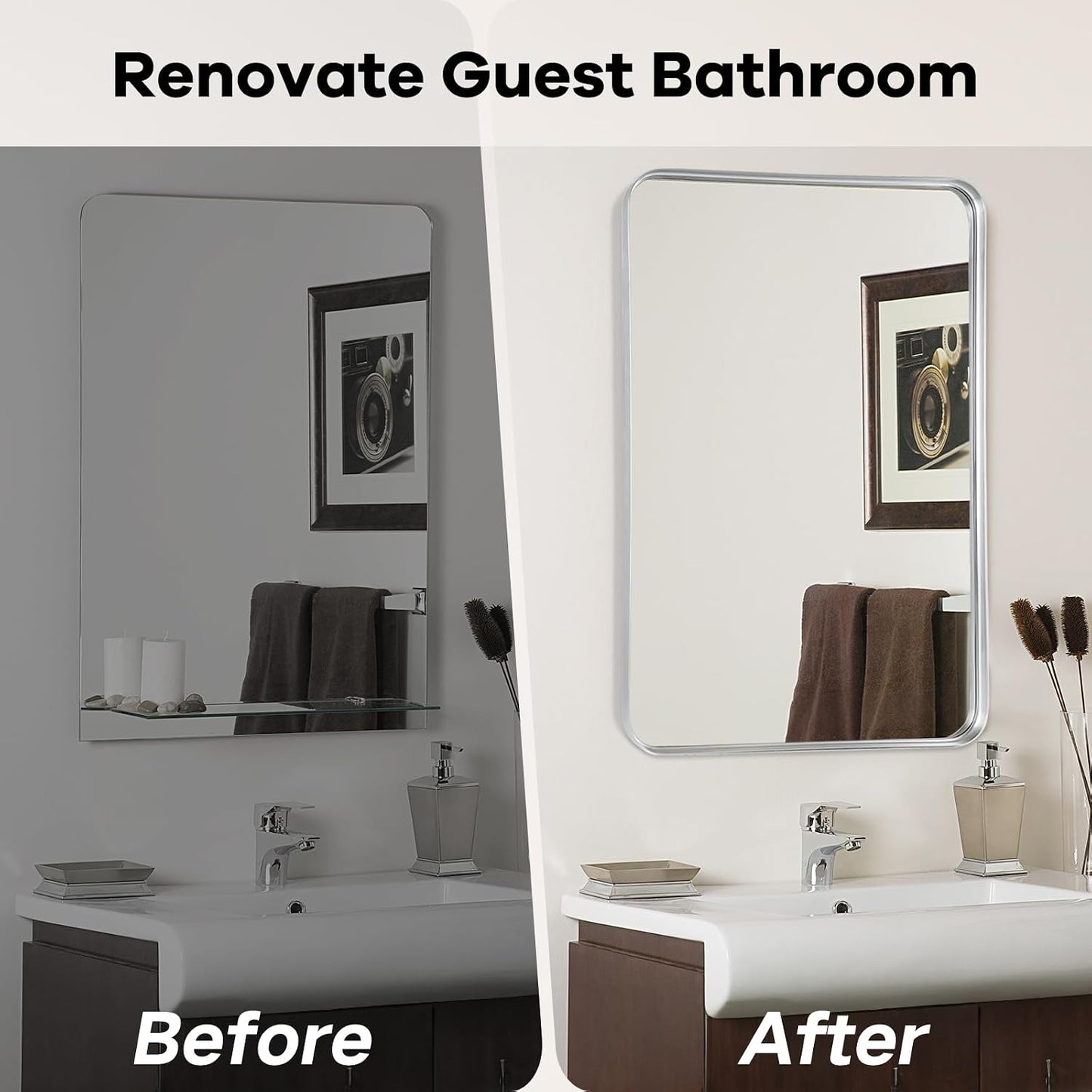 Bathroom Vanity Mirror Over Sink 24x36, Silver Wall Brushed Nickel Mirror | Rosynee Matte Metal Chrome Framed Rectangle Large Mirror for Restroom, Bedroom, Entryway Decor, Wall Mounted