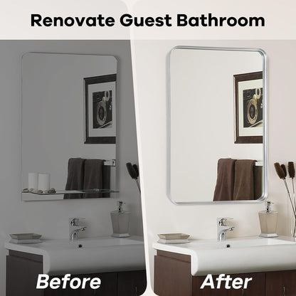 Bathroom Vanity Mirror Over Sink 24x36, Silver Wall Brushed Nickel Mirror | Rosynee Matte Metal Chrome Framed Rectangle Large Mirror for Restroom, Bedroom, Entryway Decor, Wall Mounted