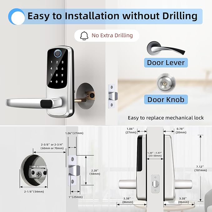 Smart Door Lock with Handle, Keyless Entry Door Locks, 8-in-1 Fingerprint - Image 6