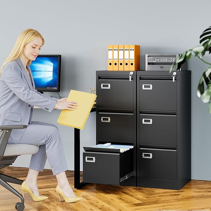 3 Drawer File Cabinet with Lock, Metal Filing Cabinets - Image 2