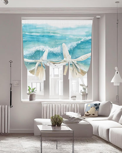 Tie Up Curtains for Windows, Ocean Beach Adjustable Balloon Nature Linen Textured Kitchen Curtain, Summer Coastal Starfish Sand Ombre Blue Room Darkening Curtains for Glass Door, 42 x 45 in
