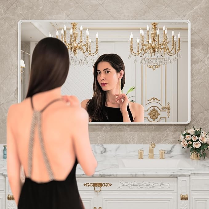 LOAAO 55x30 Inch White Metal Framed Bathroom Mirror - Image 2