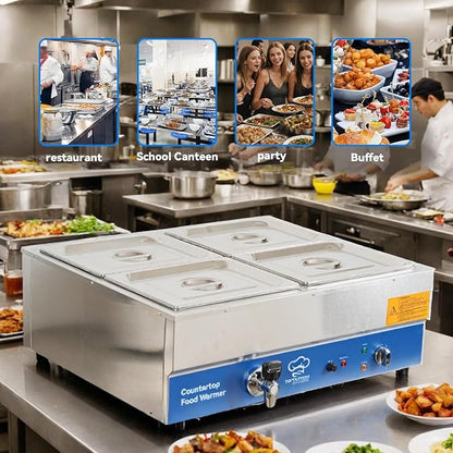 4 Pan Commercial Food Warmer, Electric Countertop Bain Marie Stainless Steel - Image 4