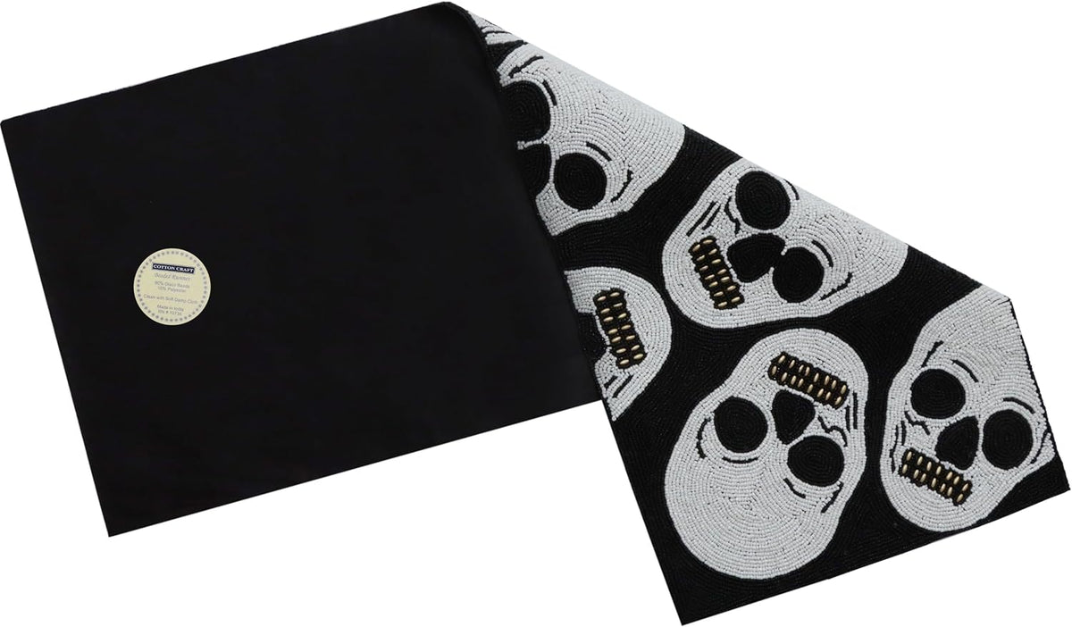 COTTON CRAFT Halloween Beaded Table Runner - Black White Skulls 13x36 inch