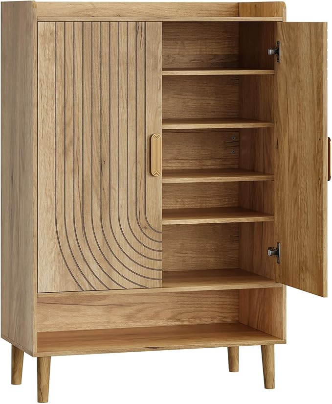 Smuxee Oak Shoe Cabinet with Line Groove Design, 6-Tier Shoe Storage Cabinet - Image 9