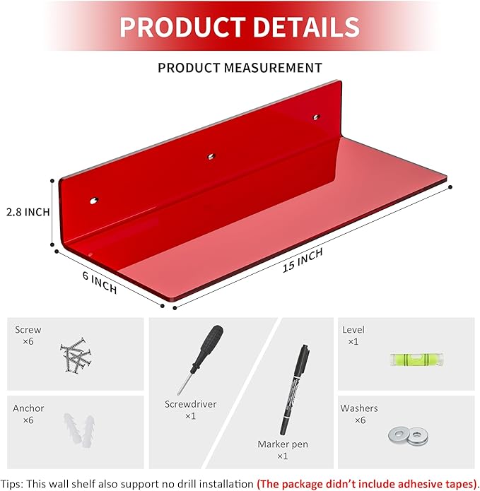 15 Inches Red Acrylic Shelves, Wall Mounted Shelves - Image 2