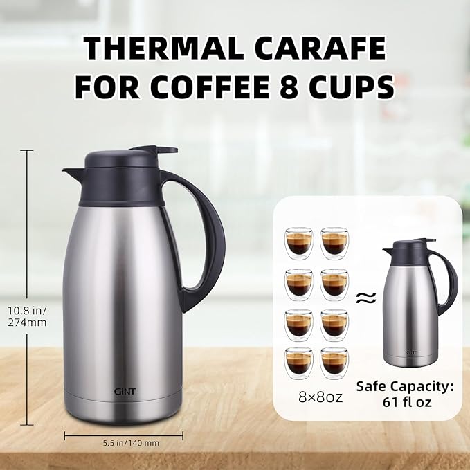 GiNT Stainless Steel Thermal Coffee Carafe, Double Walled Vacuum Water and - Image 2
