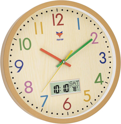 Foxtop Digital and Analog Kids Wall Clock 12 Inch Silent Non-Ticking Battery Operated Kids Clock for Kids Room Playroom Nursery Classroom School