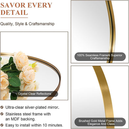 Gold Round Mirror, Large Brushed Gold Round Bathroom Mirror, Brass Circle Mirror 32 inch, Modern Vanity Mirror in Stainless Steel Metal Frame for Home Decor, Entryway, Living Room