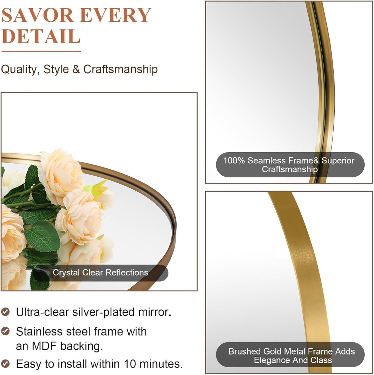 Gold Round Mirror, Large Brushed Gold Round Bathroom Mirror, Brass Circle Mirror 32 inch, Modern Vanity Mirror in Stainless Steel Metal Frame for Home Decor, Entryway, Living Room