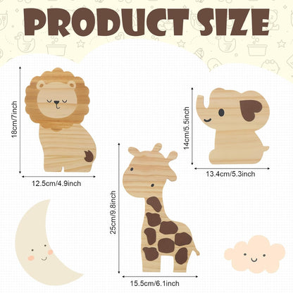 Barydat 3 Pcs Wood Safari Nursery Decor Cute Woodland Animal Nursery Safari Decoration Woodland Animal Jungle Themed Room Decor Giraffe Lion Elephant Art for Baby Shower Bedroom Boy Girl Gifts