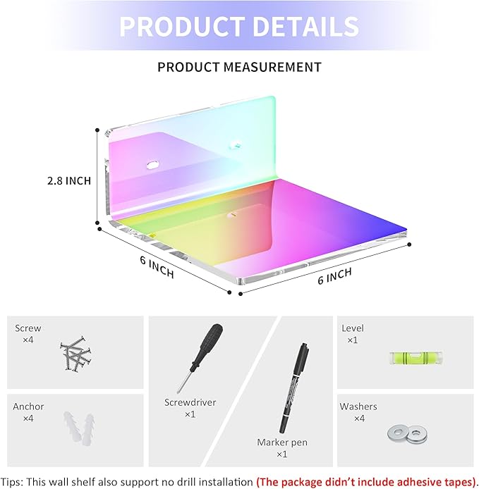 6 Inches Iridescent Acrylic Wall Shelves Set of 2, Wall Mounted Storage Display - Image 2