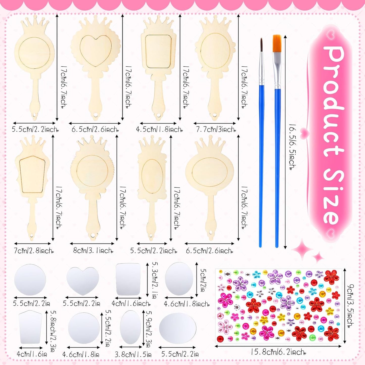RoundFunny 48 Pack Wooden Mirror Craft for Girls DIY Decorate You Own Princess Wooden Hand Small Mirrors for Crafts Paint Princess Party Decorations Birthday Supplies Favors