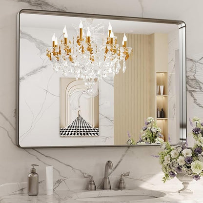 LOAAO 40X32 Inch Brushed Nickel Bathroom Mirror, Rounded Rectangle Silver Metal by LOAAO