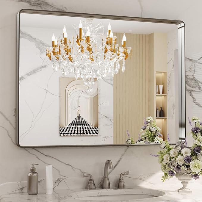 LOAAO 40X24 Inch Brushed Nickel Bathroom Mirror, Rounded Rectangle Silver Metal by LOAAO