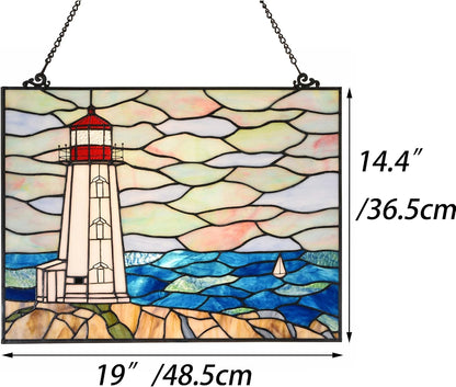 Bieye W10066 Peggy's Point Lighthouse Tiffany Style Stained Glass Window Hangings Panel, 19" W x 14.4" H