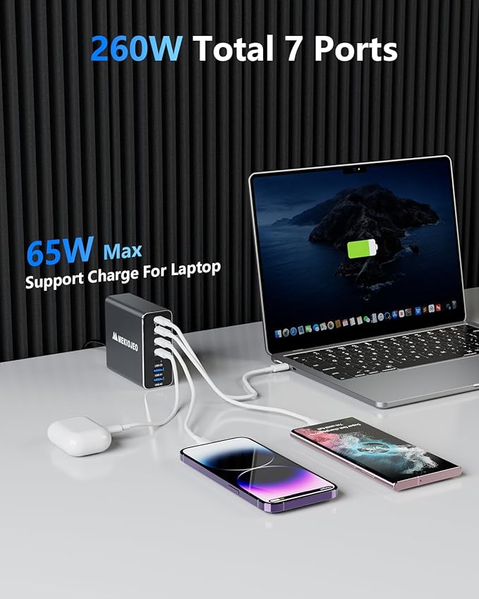 Aluminum Alloy 260W USB C Charger GaN Fast USB C Charging Station 7 Ports 65W - Image 2