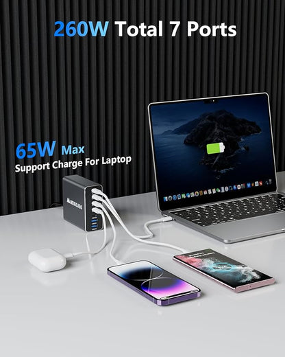 Aluminum Alloy 260W USB C Charger GaN Fast USB C Charging Station 7 Ports 65W - Image 2