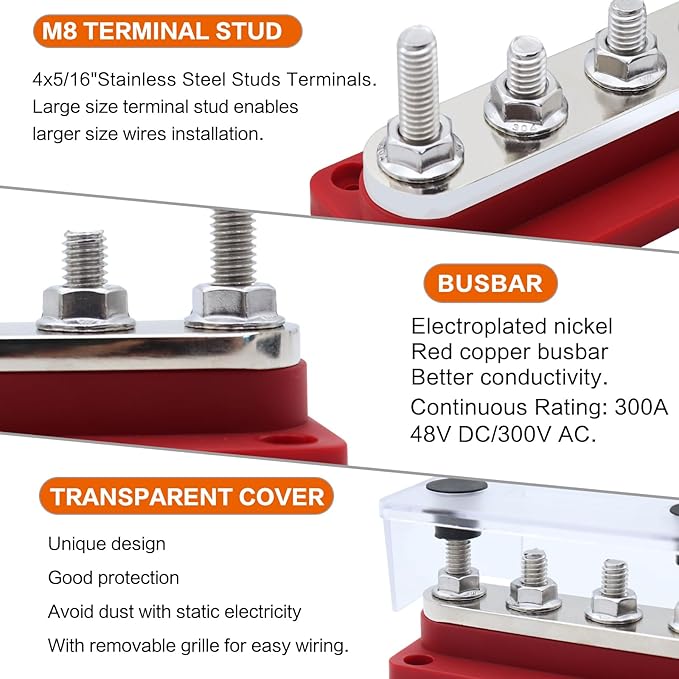 AMOMD 300A PowerBars 4 Terminal Studs M8 Nickel Plated Copper Distribution - Image 3