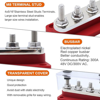 AMOMD 300A PowerBars 4 Terminal Studs M8 Nickel Plated Copper Distribution - Image 3