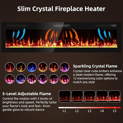Narrow Bezel Electric Fireplace-72 inch Fireplace Wall Mount/Recessed-Ultra - Image 4