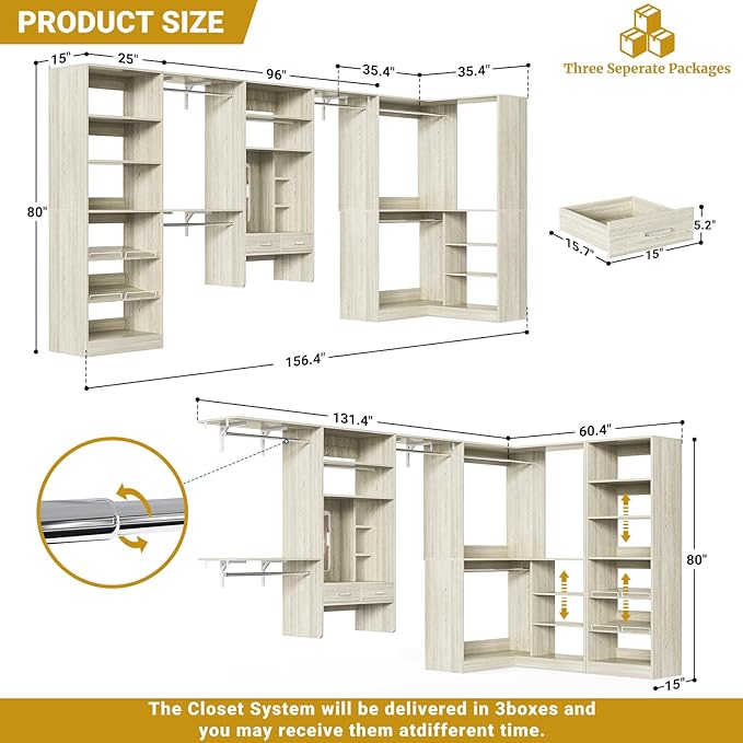 Unikito Closet System with Vanity Desk, 156”Modular Corner Closet Organizer - Image 7