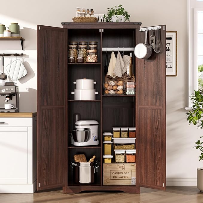 Tall Storage Cabinet with Adjustable Shelves, Farmhouse Pantry Organize with 2 - Image 5