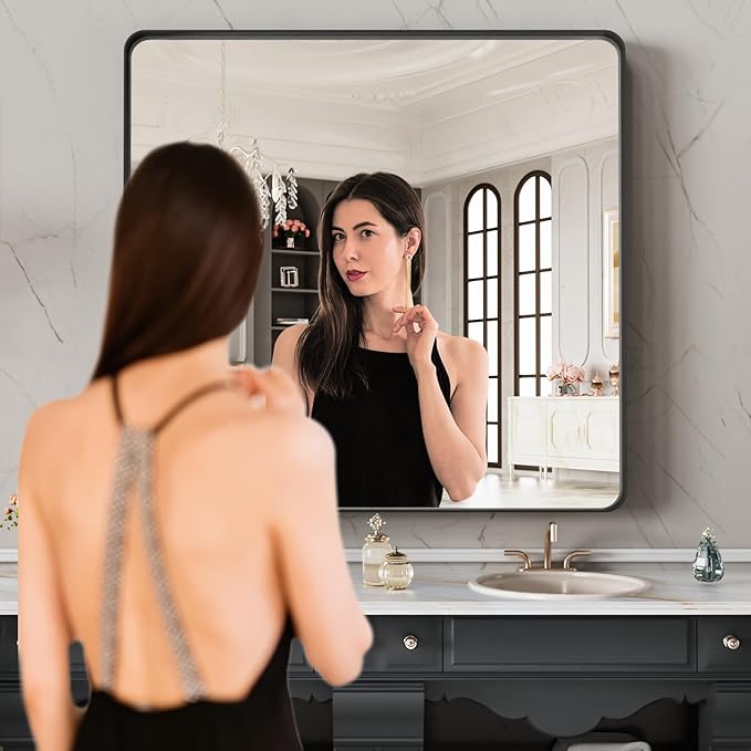LOAAO 40X38 Inch Black Metal Framed Bathroom Mirror - Image 2