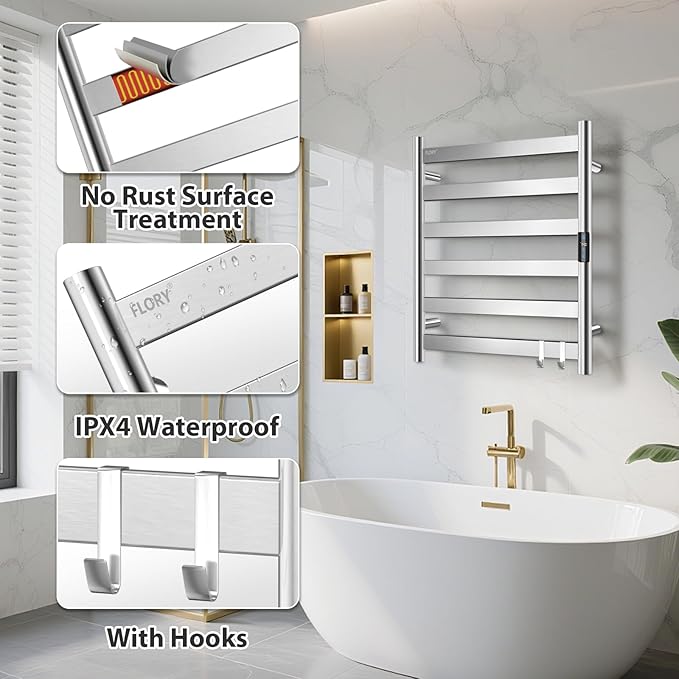 R FLORY Heated Towel Rack for Bathroom, 6 Bar Wall Mounted Towel Warmer Rack - Image 7