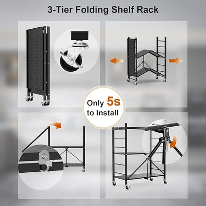 Himix Storage Shelves with 6 Hooks, 3 Tier Foldable Shelf with Wheels, Metal - Image 5