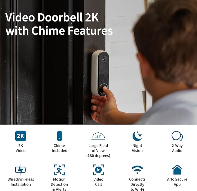 Arlo Video Doorbell 2K + Chime 2, Wireless or Wired Option, 2-Way Audio - Image 2