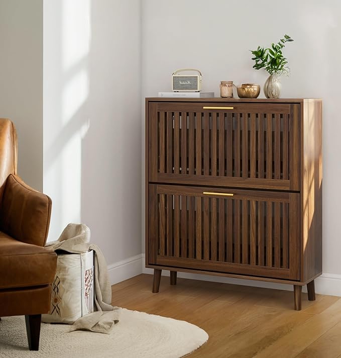 Shoe Storage Cabinet with 2 Flip Slatted Drawers, Narrow Wood Shoe Cabinet with - Image 6