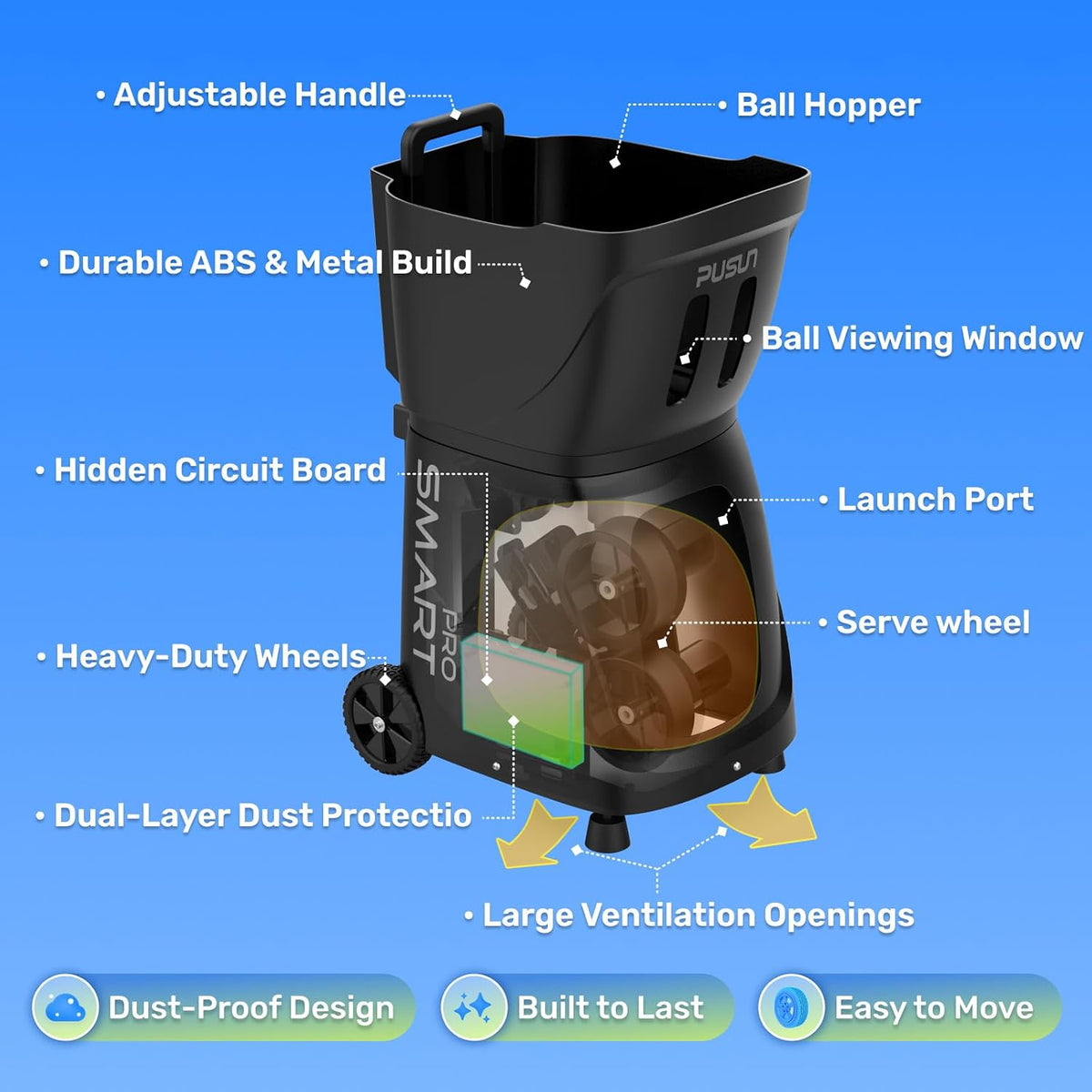 pusun｜pt-smart pro internal oscillation tennis ball machine: app, front angle view