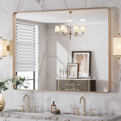 LOAAO 40”X30” Gold Bathroom Mirror, Rounded Rectangle Gold Frame Mirror by LOAAO