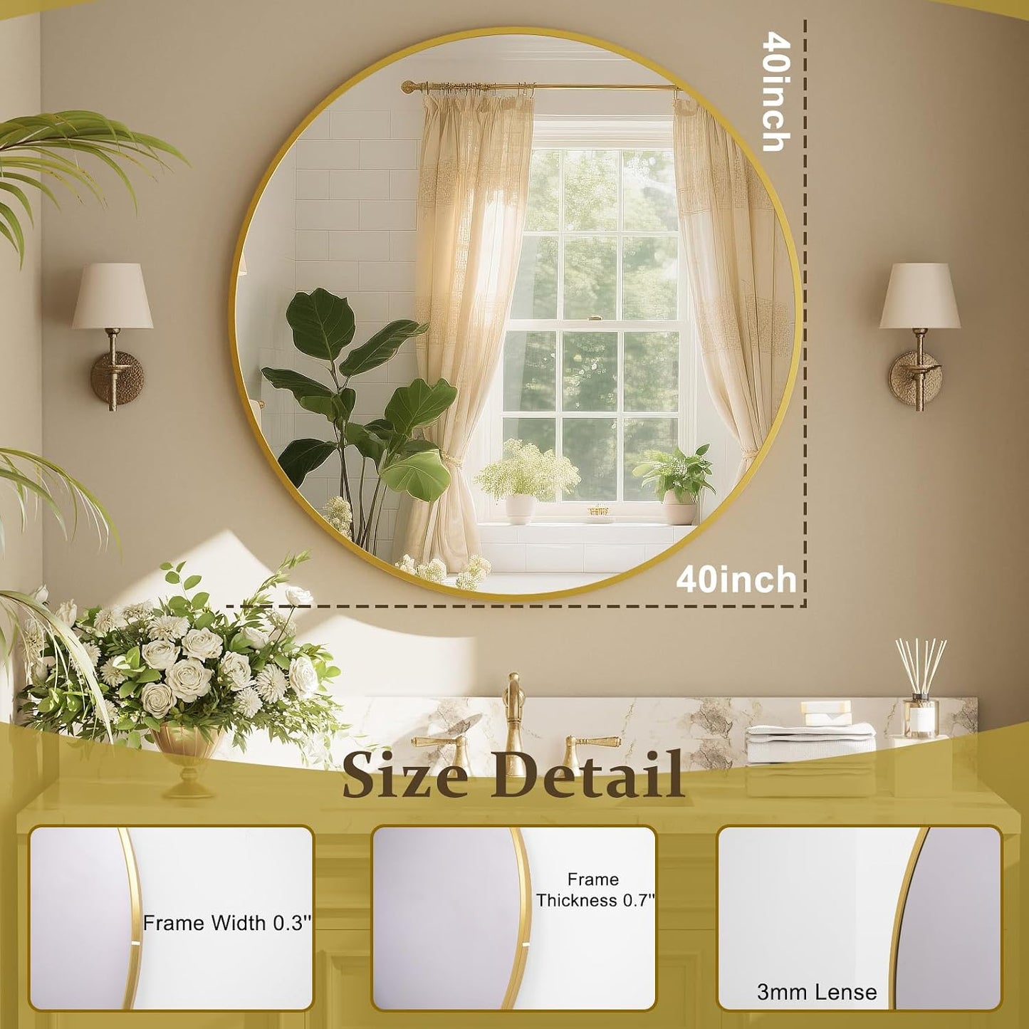 XRAMFY 40 Inch Round Mirror - Gold Circle Mirrors for Bathroom, Entryway | Modern Hanging Vanity Mirror, Aluminum Alloy Frame Matte Black Circle Decorative Wall Mirror for Living Room Wall Decor