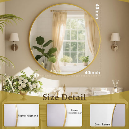 XRAMFY 40 Inch Round Mirror - Gold Circle Mirrors for Bathroom, Entryway | Modern Hanging Vanity Mirror, Aluminum Alloy Frame Matte Black Circle Decorative Wall Mirror for Living Room Wall Decor