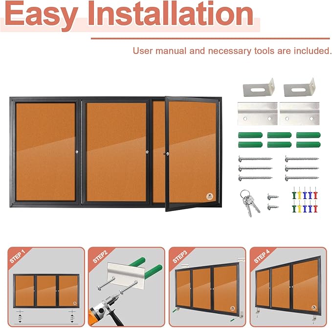 Enclosed Bulletin Board Lockable, 3 Doors Weatherproof Outdoor Noticeboard - Image 2