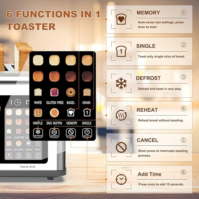 4 Slice Toaster Touch Screen, Stainless Steel Toasters Digital Timer, Dual - Image 5