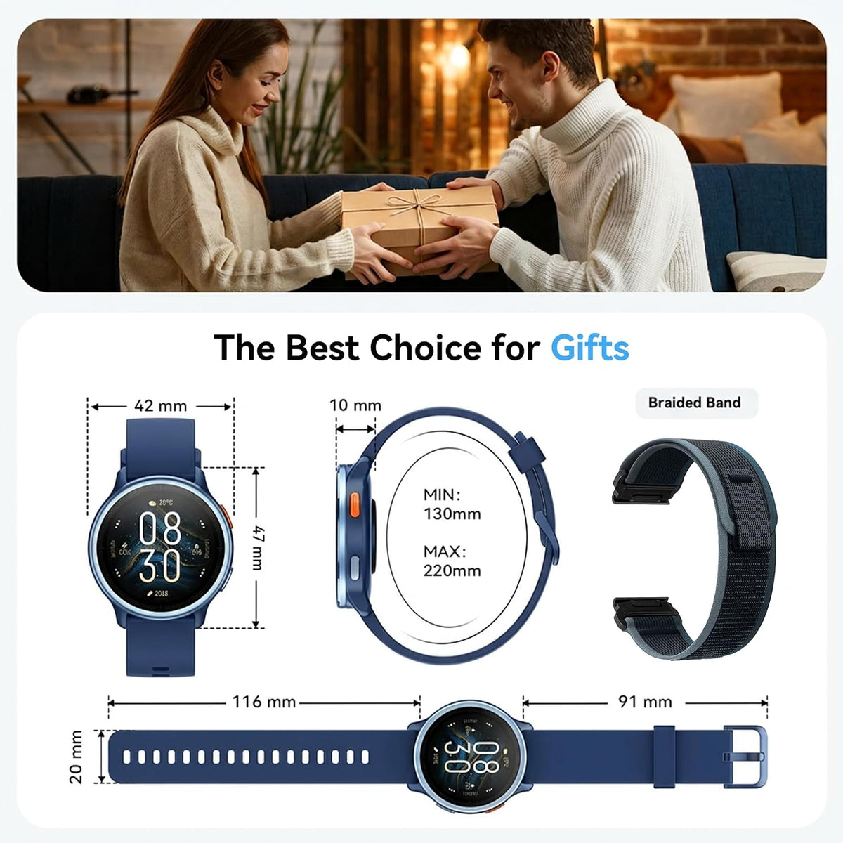 smart watch for men women, 1.27" hd smartwatch, front angle view