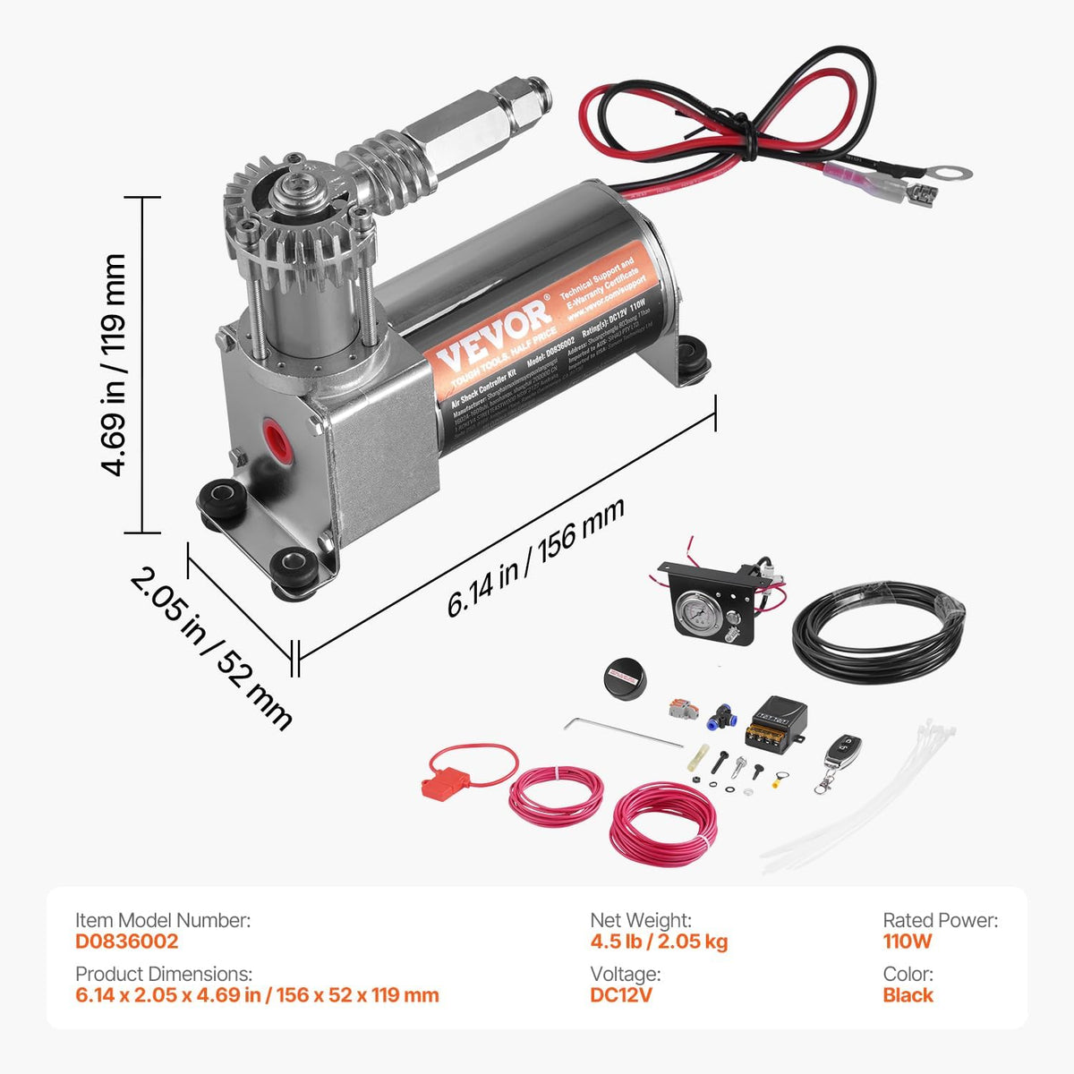 VEVOR Air Shock Controller Kit, 12V 100PSI On Board Air Compressor System, Ai...