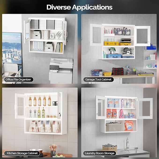 VINGLI Metal Wall Cabinet with Locking Glass Doors & Magnetic LED Sensor Light - Image 8