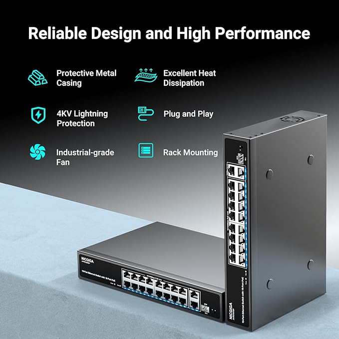 16 Port PoE Switch Unmanaged, 16 Port PoE+@250W, 2 Gigabit Uplink Ports - Image 3