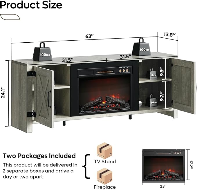 Bestier 63" Fireplace TV Stand for TVs Up to 70", Farmhouse Barn Door - Image 4