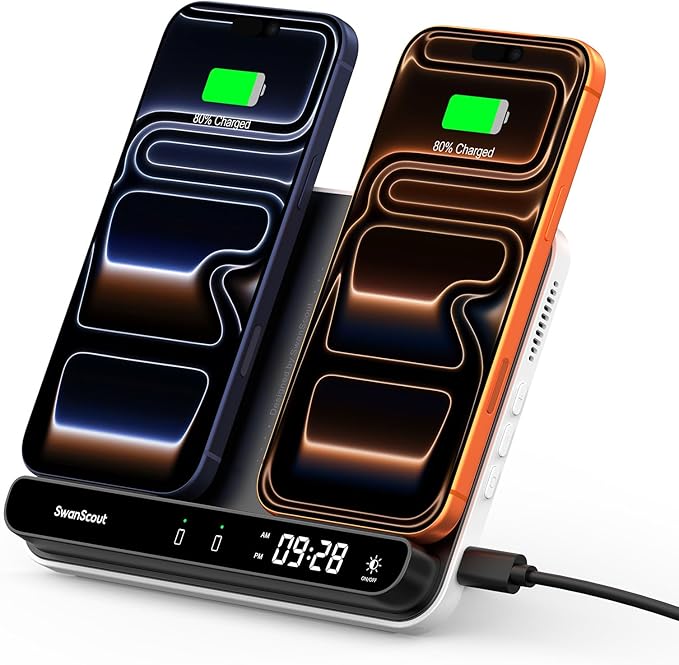 Dual Wireless Charger Stand, SwanScout 504, Foldable Wireless Charging Station by SwanScout