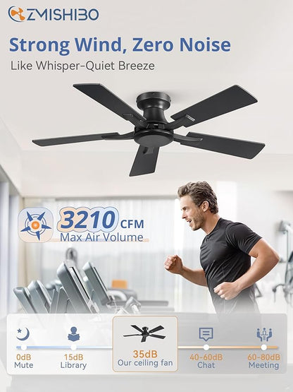 ZMISHIBO 42 Inch Ceiling Fan No Light, Flush Mount Low Profile, Modern Black - Image 3