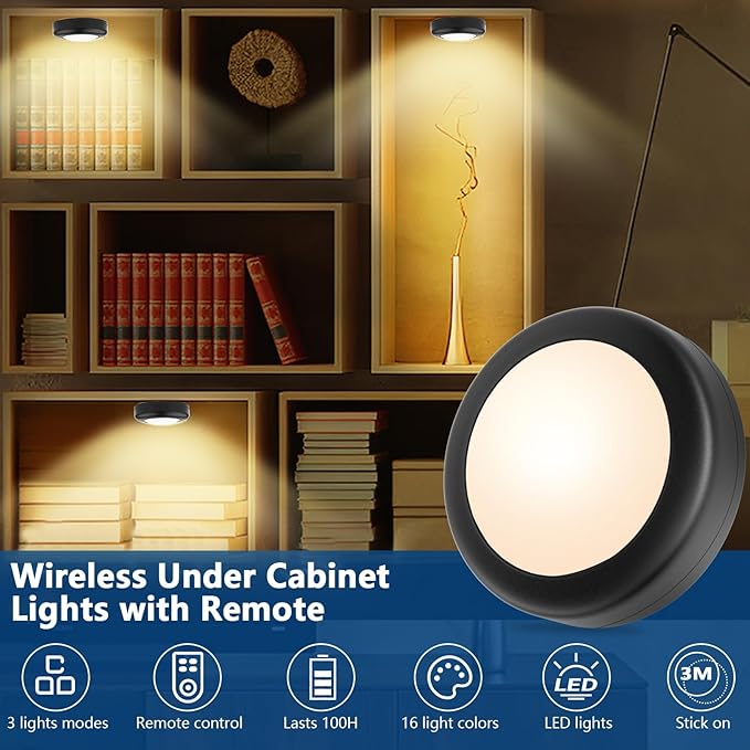 Yiliaw 3 Pack LED Puck Lights Remote Control 16 Color Changeable Under Cabinet - Image 2